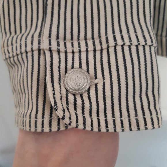 Live a Little Khaki Beige and Navy Pinstripe Stretch Jean Jacket with Pockets - Picture 5 of 10